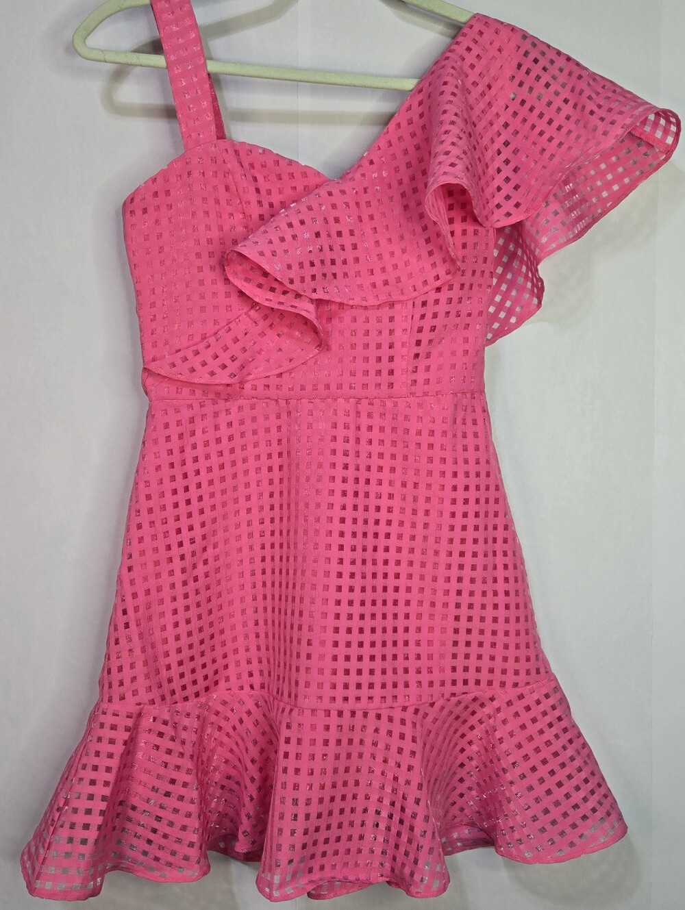 Day + Moon Size S Bubblegum Pink Checker Mini Dress, Ruffle Hem & Neckline NWT